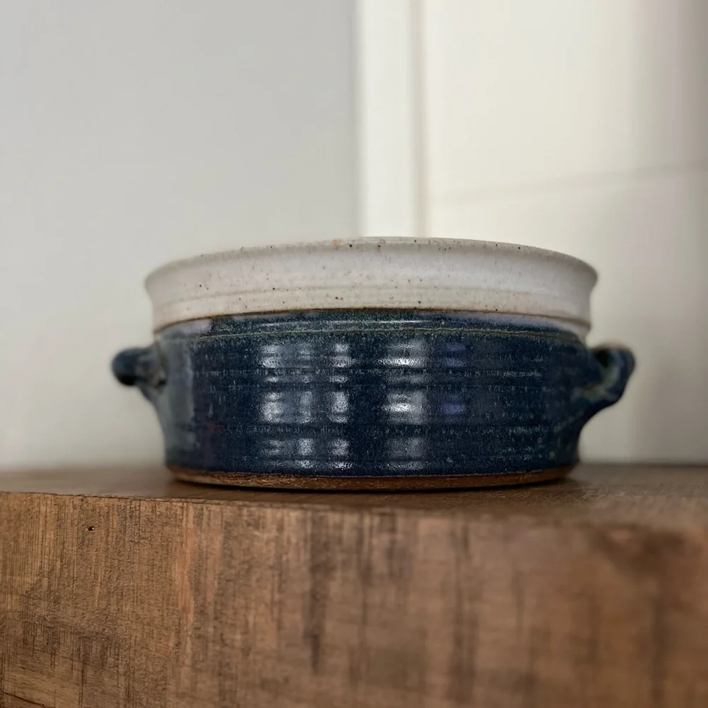 Vintage Studio Pottery Casserole Dish Braided Handles Blue Cream Glaze Stoneware